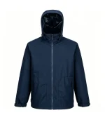 Leapy 3-in-1 hooded jacket with a polyester jacquard shell and PVC coating, offering 5000mm waterproof protection, wind resistance, and durability for outdoor work.