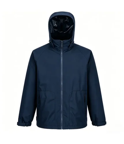 Leapy 3-in-1 hooded jacket with a polyester jacquard shell and PVC coating, offering 5000mm waterproof protection, wind resistance, and durability for outdoor work.