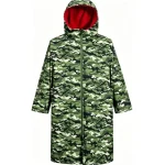 Leapy camouflage hooded changing robe waterproof for surfing, made from recycled polyester with 5000mm PVC coating and 200gsm recycled fleece, providing warmth, comfort and reliable protection for water sports