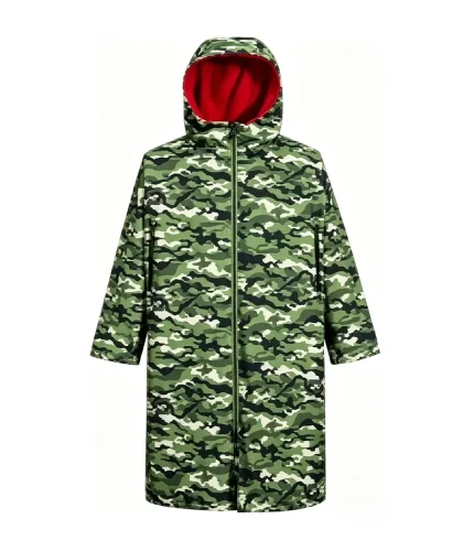 Leapy camouflage hooded changing robe waterproof for surfing, made from recycled polyester with 5000mm PVC coating and 200gsm recycled fleece, providing warmth, comfort and reliable protection for water sports