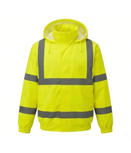 Leapy hi-vis rain jacket waterproof for workwear, made from 300D Oxford polyester with PU coating, providing 3000mm waterproof protection, windproof, tear-resistant performance and compliant with EN20471 & EN343