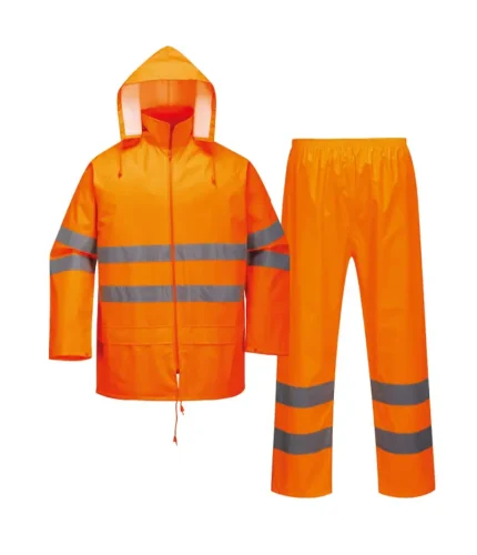 Leapy hi-vis waterproof two-piece rainsuit for unisex, made from 150D Oxford polyester with PU coating, featuring 3000mm waterproof protection, wind resistance, EN ISO 20471 compliance and enhanced visibility