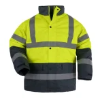 Leapy hi-vis insulated work jacket for unisex safety, made from 300D Oxford polyester with PU coating, providing 3000mm waterproof protection, windproof, tear-resistant performance and compliant with EN20471 & EN343
