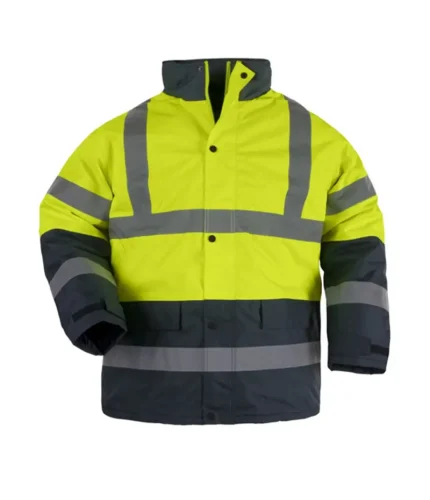 Leapy hi-vis insulated work jacket for unisex safety, made from 300D Oxford polyester with PU coating, providing 3000mm waterproof protection, windproof, tear-resistant performance and compliant with EN20471 & EN343