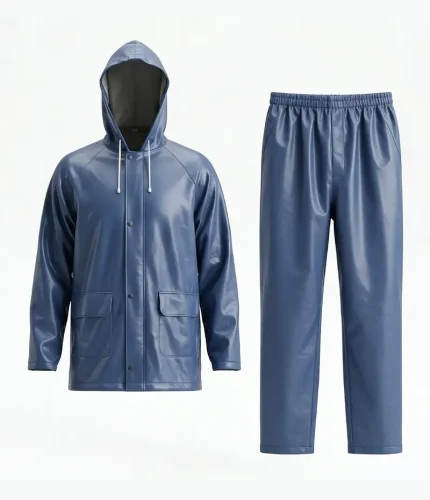 Leapy two-piece waterproof rainsuit for unisex outdoor use, lightweight and durable, featuring zippered pockets, elastic cuffs and reliable protection in rain or drizzle for men and women