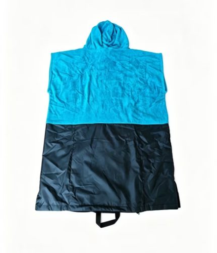 Back view of a turquoise and black Leapy hooded quick-dry changing robe for beach surfing