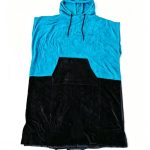 Front view of a turquoise and black Leapy quick-dry hooded changing robe with kangaroo pocket