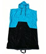 Front view of a turquoise and black Leapy quick-dry hooded changing robe with kangaroo pocket