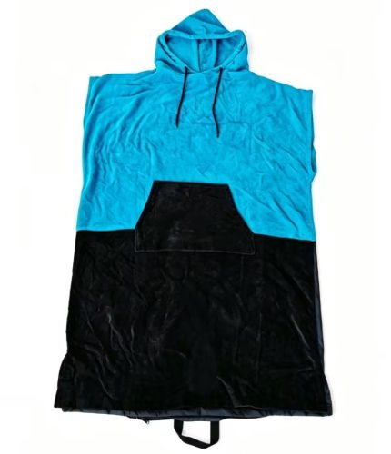 Front view of a turquoise and black Leapy quick-dry hooded changing robe with kangaroo pocket