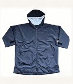 Front view of a navy Leapy waterproof windproof hooded changing robe with Sherpa lining and zip pockets