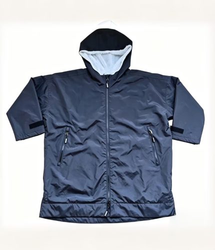Front view of a navy Leapy waterproof windproof hooded changing robe with Sherpa lining and zip pockets