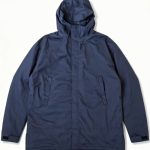 Front view of a navy Leapy windproof water-repellent hooded changing robe with hand pockets