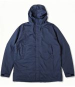 Front view of a navy Leapy windproof water-repellent hooded changing robe with hand pockets