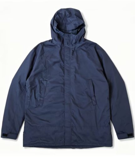 Front view of a navy Leapy windproof water-repellent hooded changing robe with hand pockets