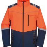 Orange and navy Leapy softshell work jacket with reflective shoulder and sleeve details