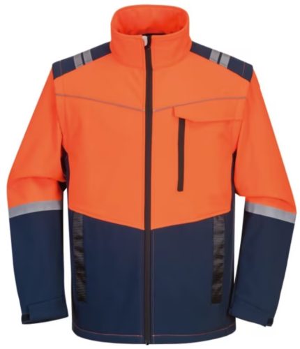Orange and navy Leapy softshell work jacket with reflective shoulder and sleeve details