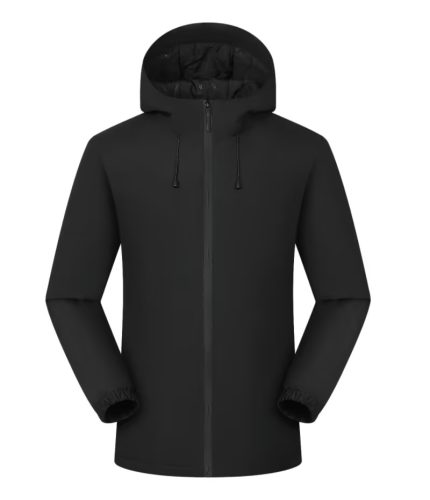 In-stock black Leapy® waterproof hooded padded jacket with graphene warming liner for hiking and cold-weather commuting