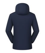 Back view of a navy blue Leapy waterproof padded jacket featuring a structured hood and ergonomic seam detailing, designed with a graphene liner for thermal insulation during hiking and cold-weather outdoor activities.