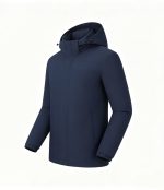 Side profile of a navy blue Leapy waterproof padded jacket showcasing a streamlined silhouette and articulated sleeves for mobility, featuring adjustable cuffs and a high collar for wind protection during cold-weather hikes.