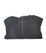 Folded view of a dark grey Leapy waterproof padded jacket showing compact storage capability, featuring a visible front zipper and adjustable drawstrings, ideal for packing during hiking and cold-weather travel.