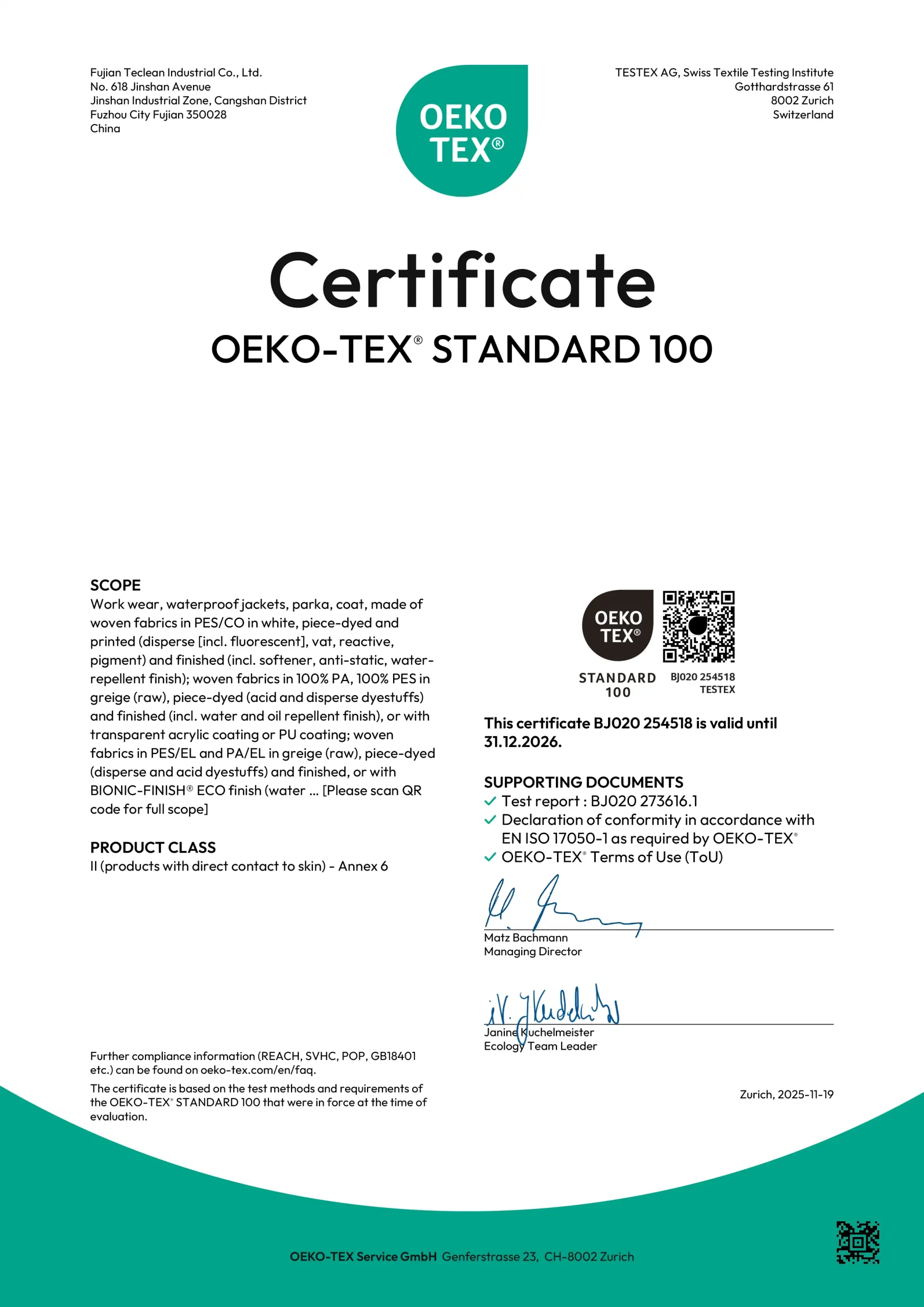 OEKO-TEX 100 certificate
