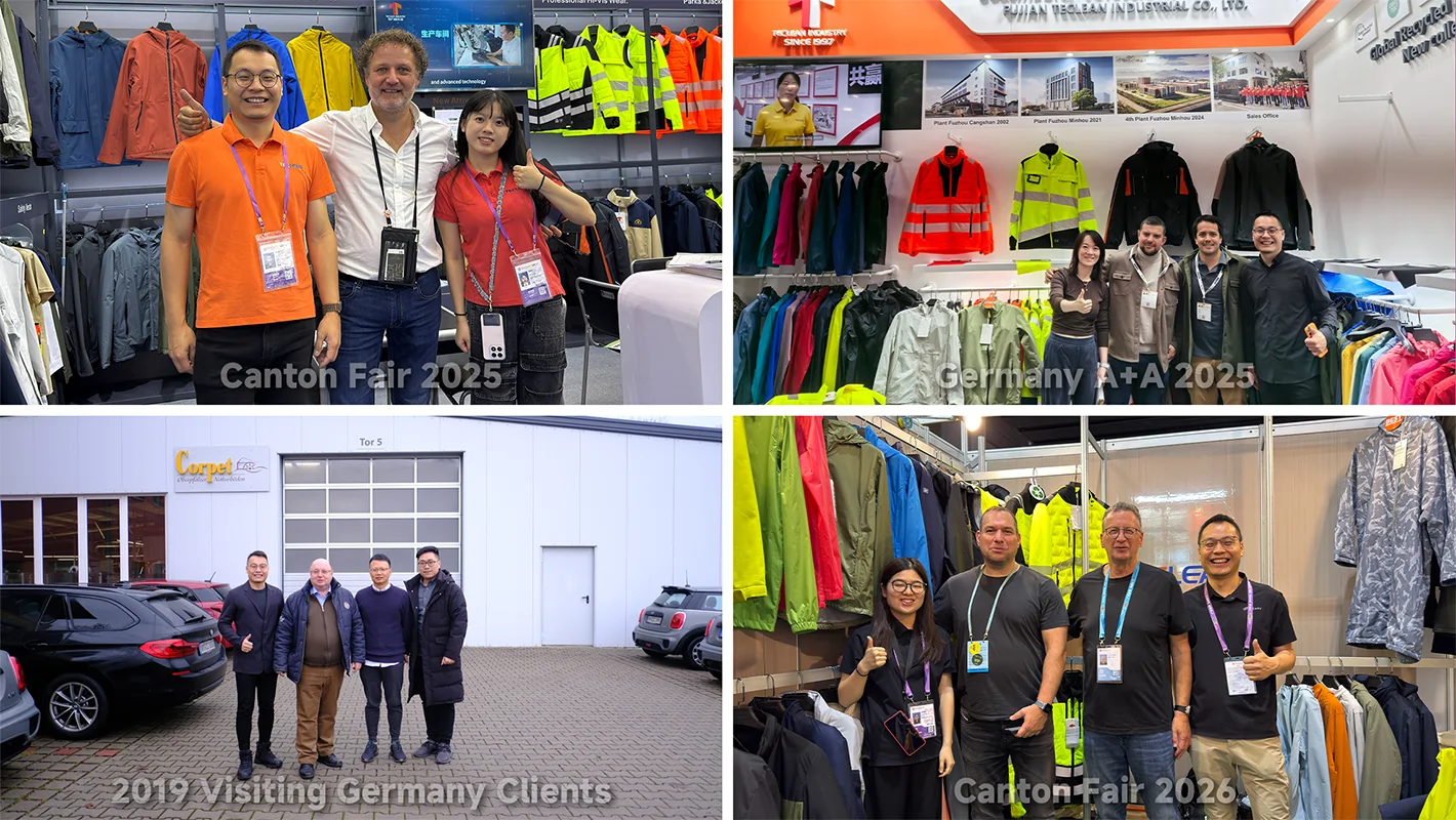LEAPY workwear sales team at Canton Fair, Germany A+A trade show, and visiting international clients.