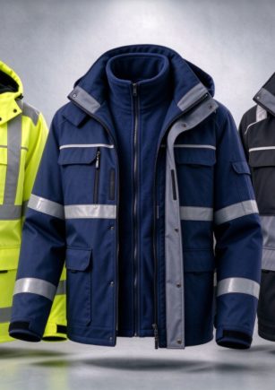 Overview of LEAPY 3-in-1 winter work jacket collection featuring yellow, navy, and black hi-vis safety coats with reflective stripes.