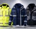 Overview of LEAPY 3-in-1 winter work jacket collection featuring yellow, navy, and black hi-vis safety coats with reflective stripes.