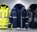 Overview of LEAPY 3-in-1 winter work jacket collection featuring yellow, navy, and black hi-vis safety coats with reflective stripes.
