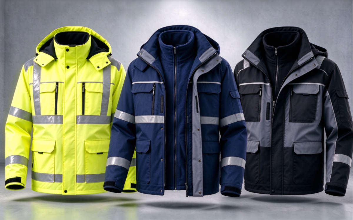 Overview of LEAPY 3-in-1 winter work jacket collection featuring yellow, navy, and black hi-vis safety coats with reflective stripes.
