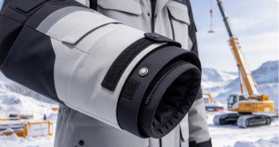 Close-up of Nordic winter work jacket cuff featuring snow-blocking inner sleeve, velcro adjustment, and fabric reinforcement for construction sites.