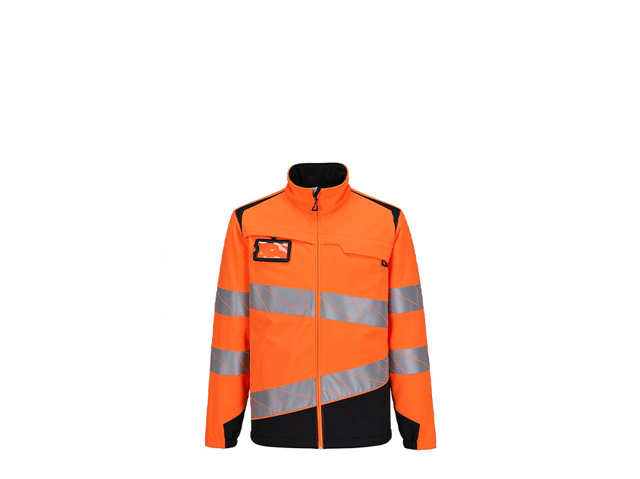 LEAPY orange hi-vis softshell jacket with reflective stripes for safety workwear.