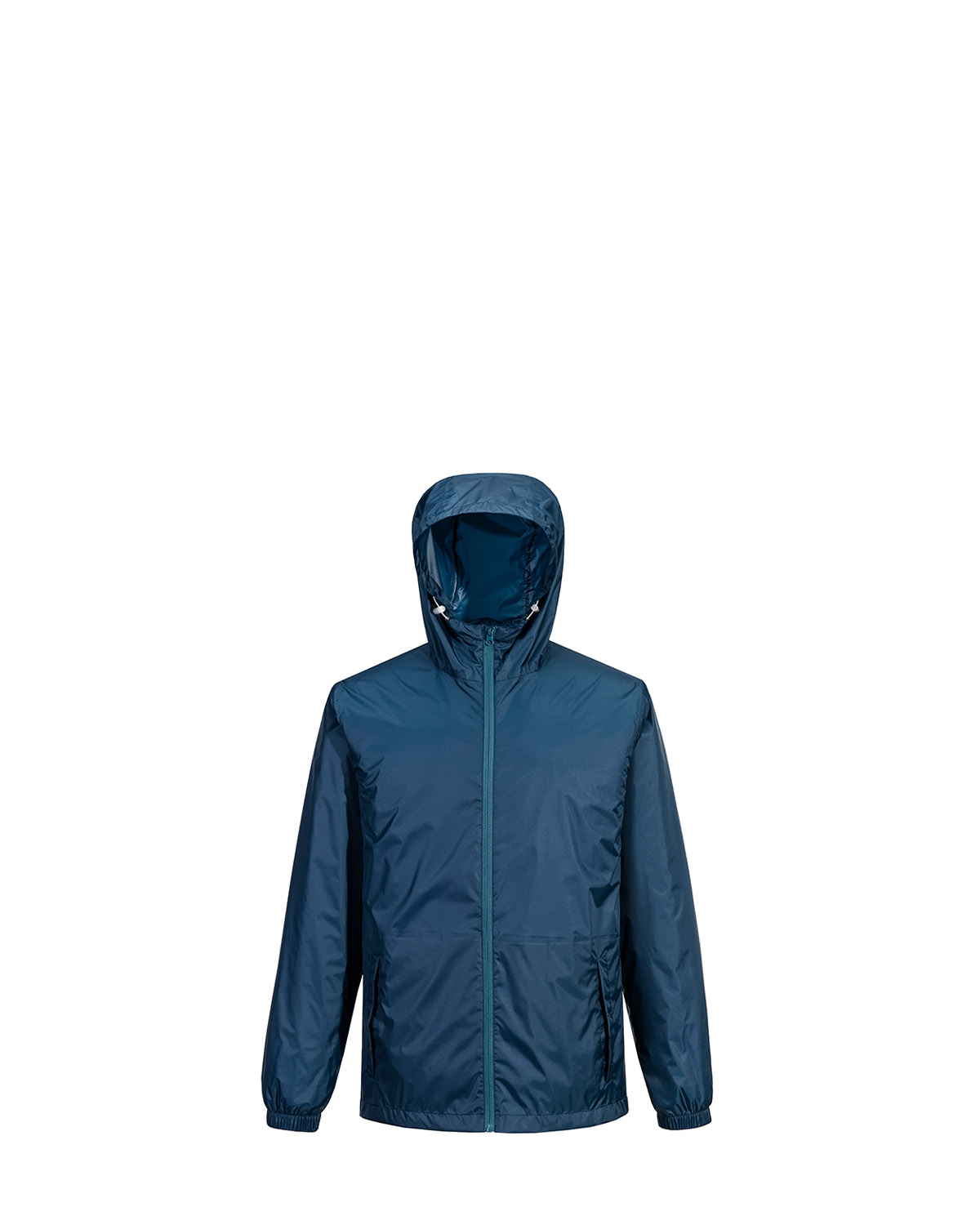 LEAPY blue hooded water-repellent rain jacket, lightweight and packable.