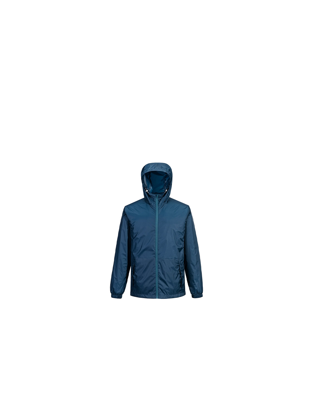 LEAPY blue hooded water-repellent rain jacket, lightweight and packable.