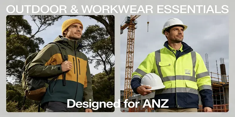Leapy workwear for Australia and New Zealand featuring outdoor jacket and hi vis safety jacket for ANZ markets